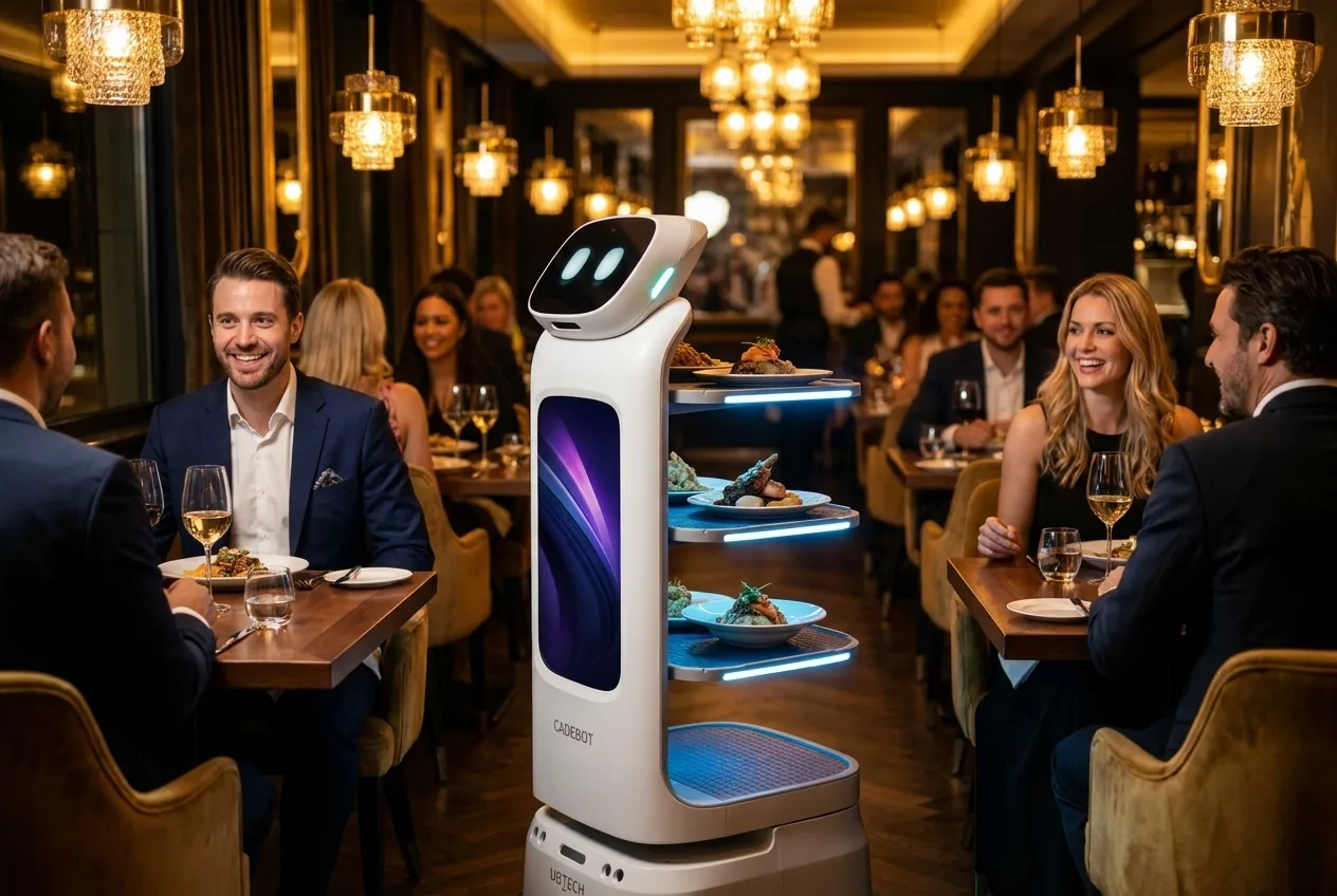 Sala di ristorante piena di clienti con un robot 100x che porta i piatti tra i tavoli
