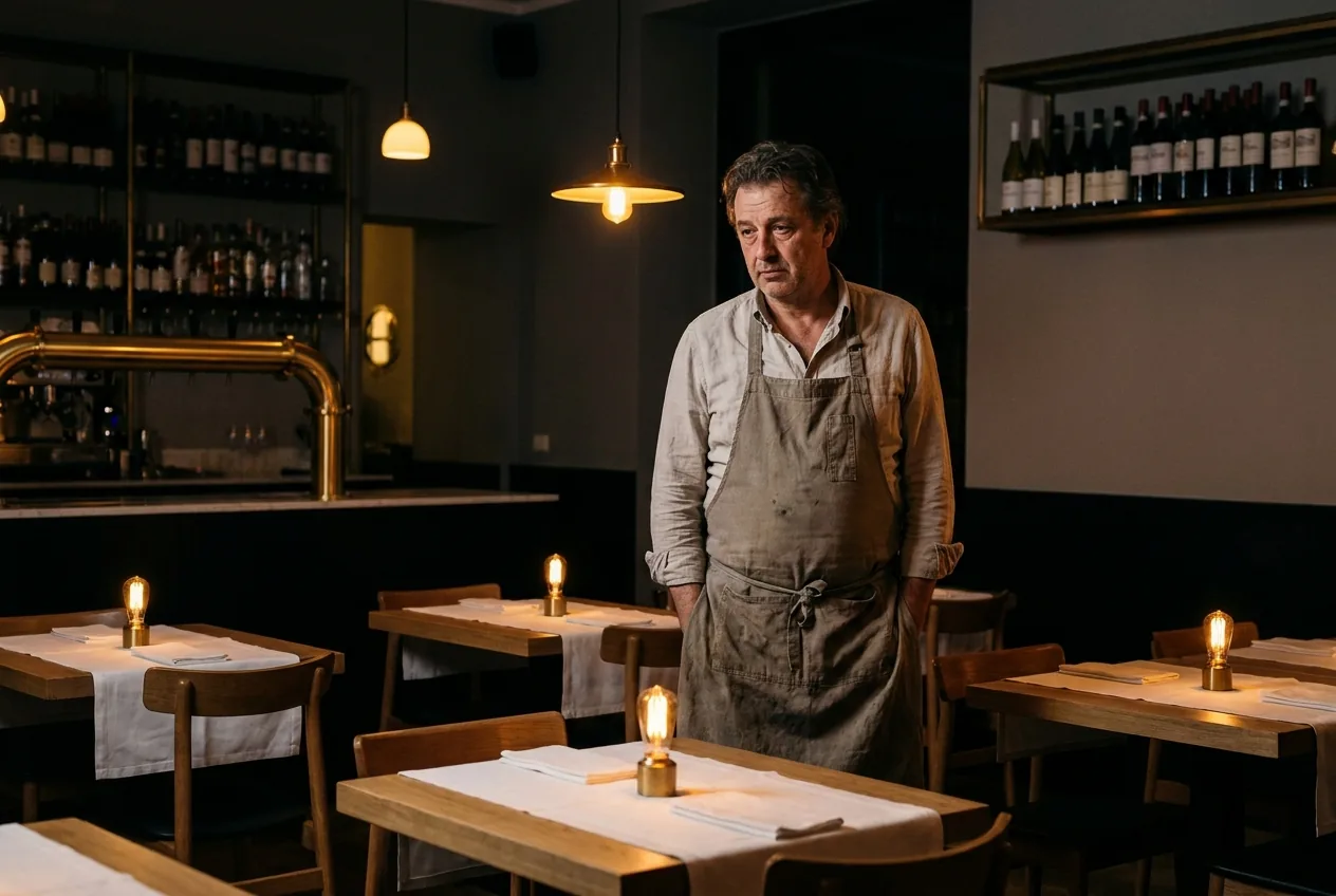 Titolare di ristorante tra i tavoli vuoti a fine serata