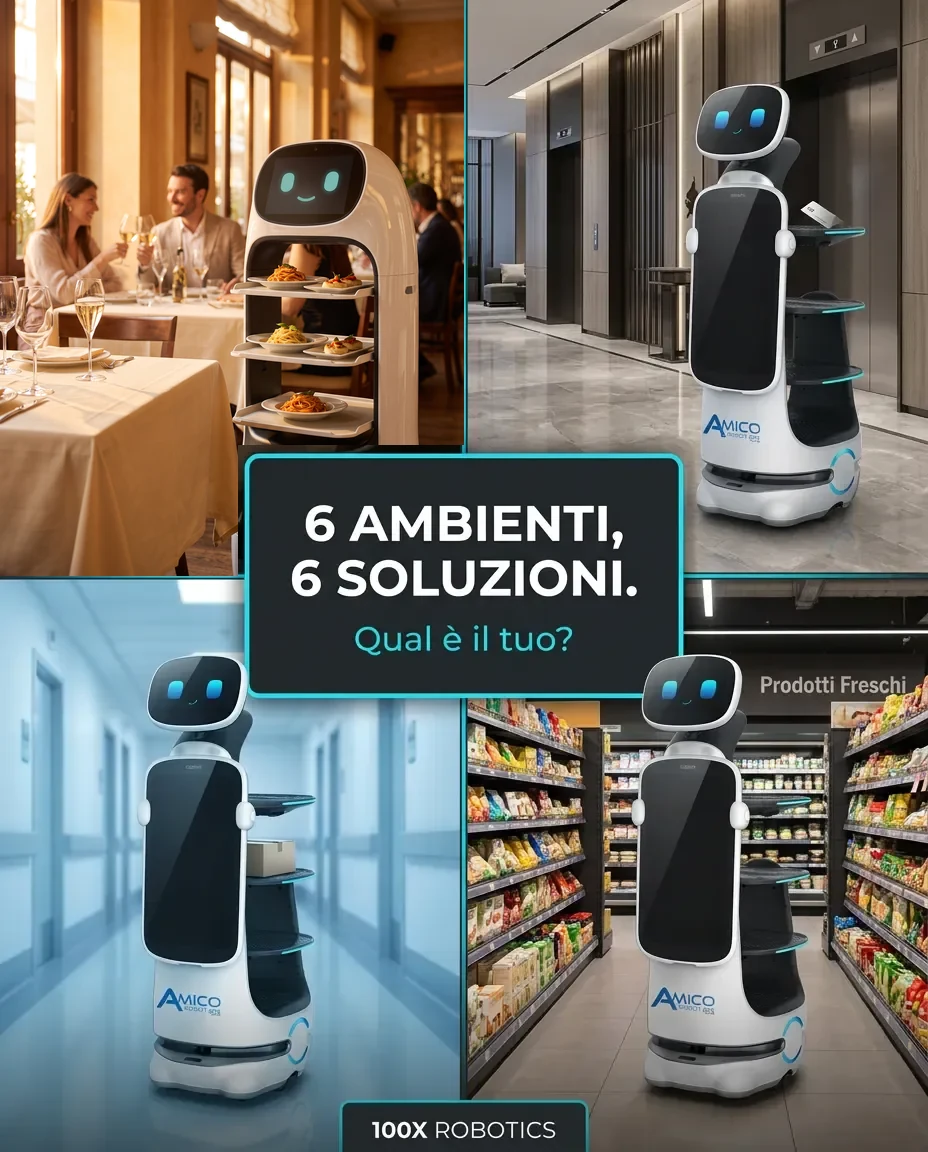 Robot di sala 100x Robotics in sei ambienti diversi: ristorante, hotel, caffetteria, retail